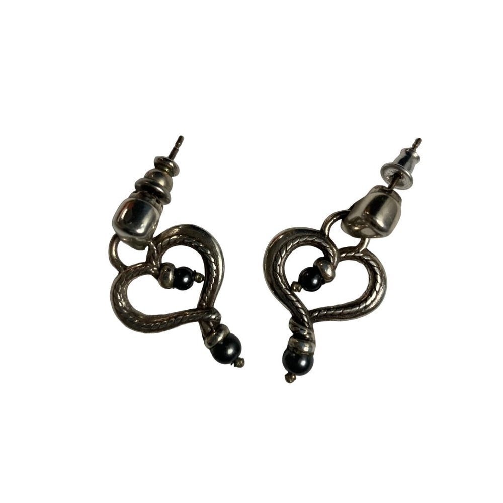 Silver Heart Drop Earrings Sterling Silver Posts Dangle Gray Faux Pearl Dainty